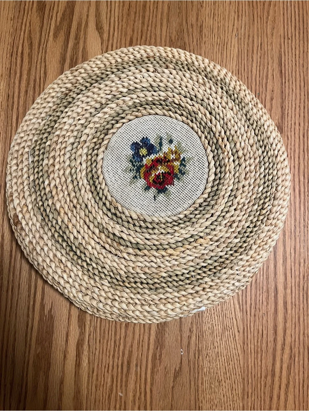 Vintage Needlepoint Floral Centers Corn Husk Seat Cushion Round Pillow Handmade